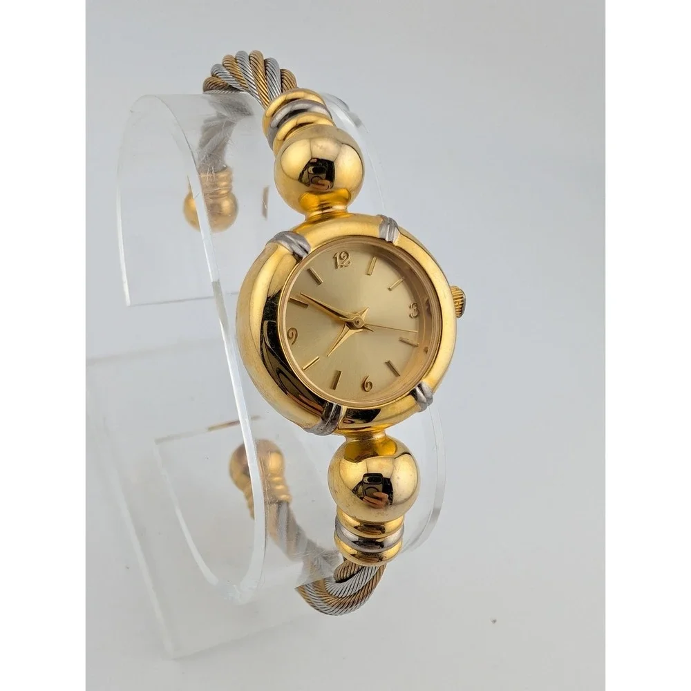 Women's 23K Gold Plated Bangle Watch 23mm Case Twisted‎ Metal Band- New Battery